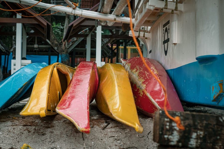 Several kayaks lined up on a shoreline